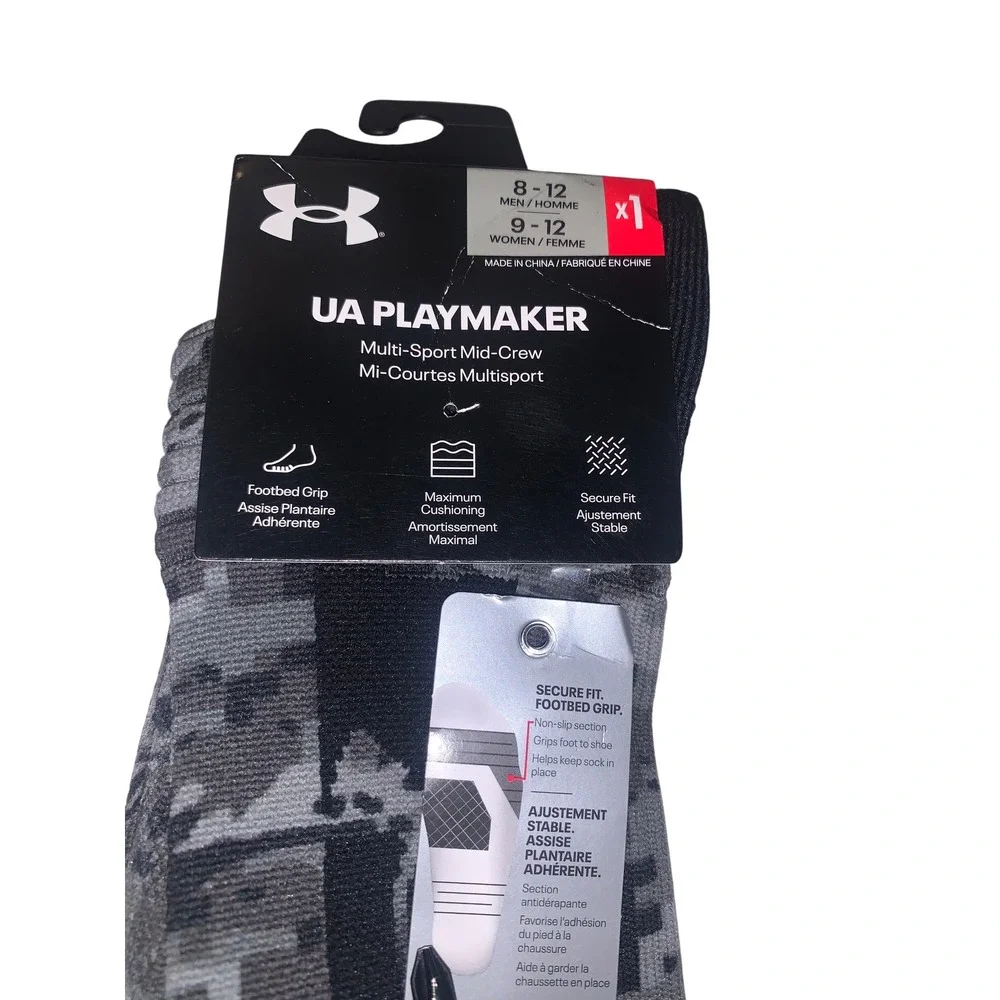 Under Armour Playmaker Mid-Crew Socks Concrete Black Camo Men 8-12 Women 9-12